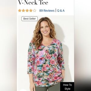 NEW!CATHERINES SUPREMA Size 1X Floral V-Neck 3/4 Sleeve Women's Top - Pink Multi